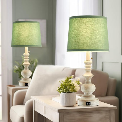 22'' Farmhouse Lamps for Bedrooms Set of 2 Bedside Lamps for Nightstand with USB Charging Ports Traditional Boho Table Lamps for Living Room Study Room,Green Shade,Bulbs Not Included