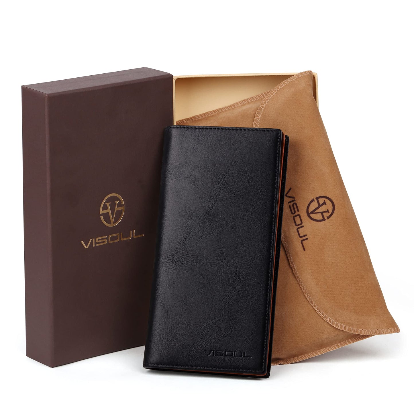 VISOUL Leather Checkbook Cover Wallet for Men with RFID Blocking, Mens Long Bifold Cash Tall Wallet with 11 Credit Card Slots 1 ID Window (Black and Orange)