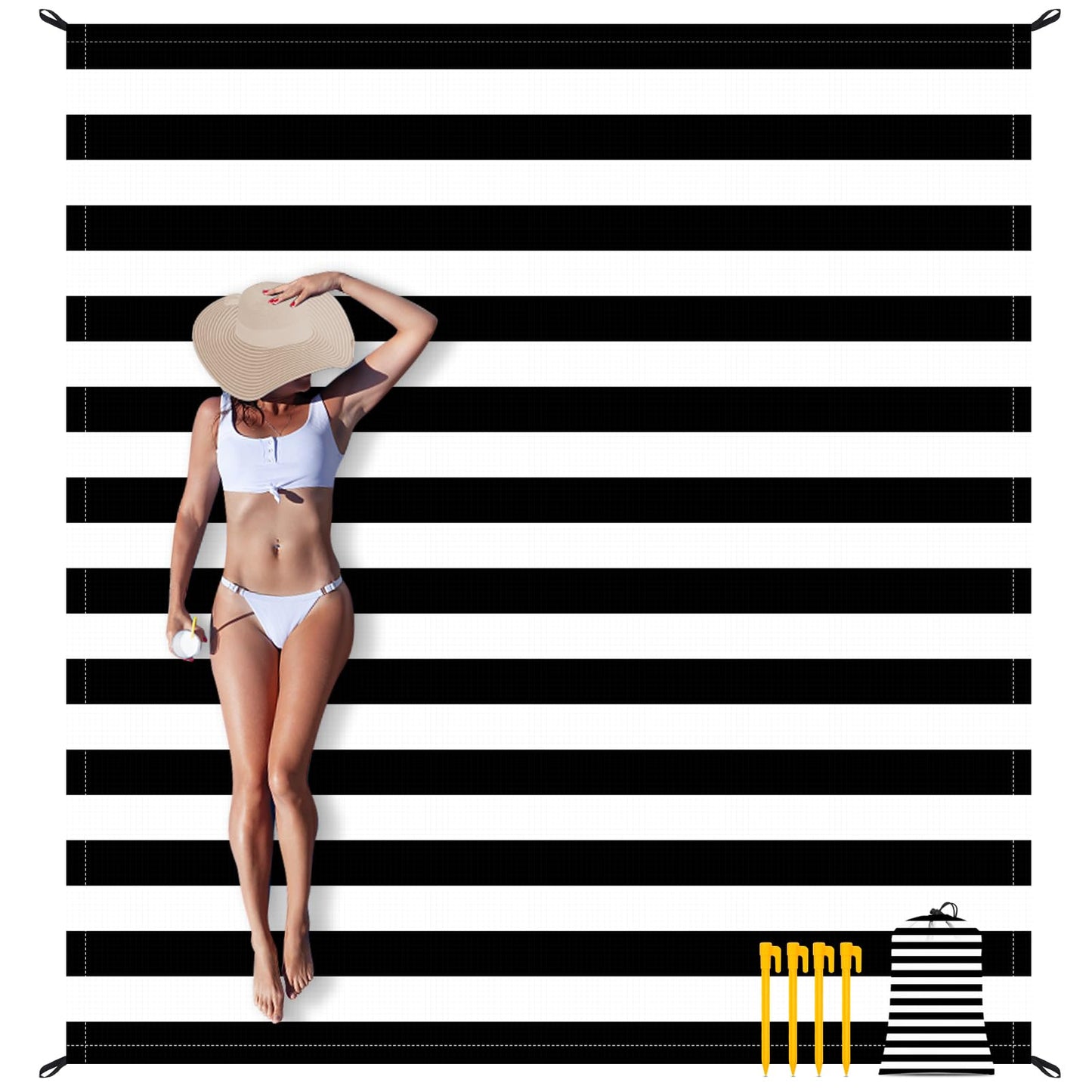 Waterproof Sandproof Beach Blanket, 78''×86'' Large Outdoor Picnic Blanket for 4 Adults, Compact Beach Mat Sand Free for Travel, Camping, Beach Accessories Essentials for Vacation-Black & White Stripe