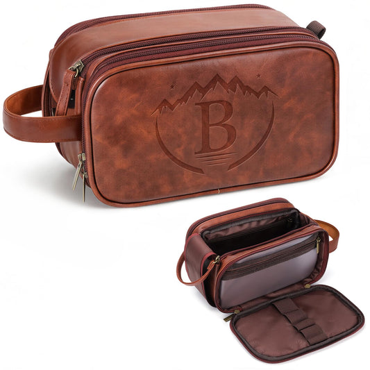 Personalized PU Leather Toiletry Bag for Men, Engraved Initials Waterproof Toiletry Travel Bag, Large Capacity Portable Shaving Bag Travel Essential, Unique Birthday Gift for Men Dad Husband Him,B