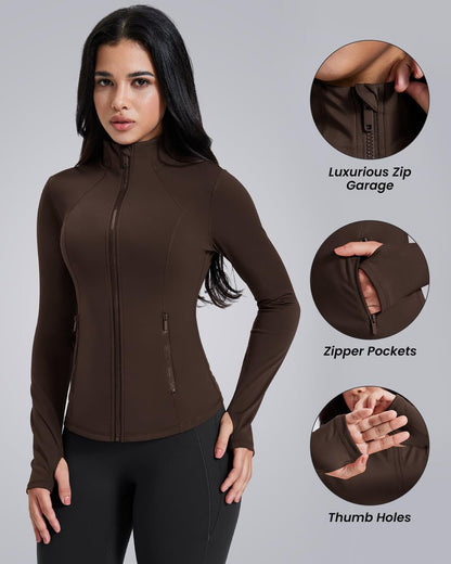 AVGO Womens Workout Jackets Lightweight Athletic Zip Up Jacket Slim Fit Running Gym Top with Pockets & Thumb Holes(Roasted Brown, XL)