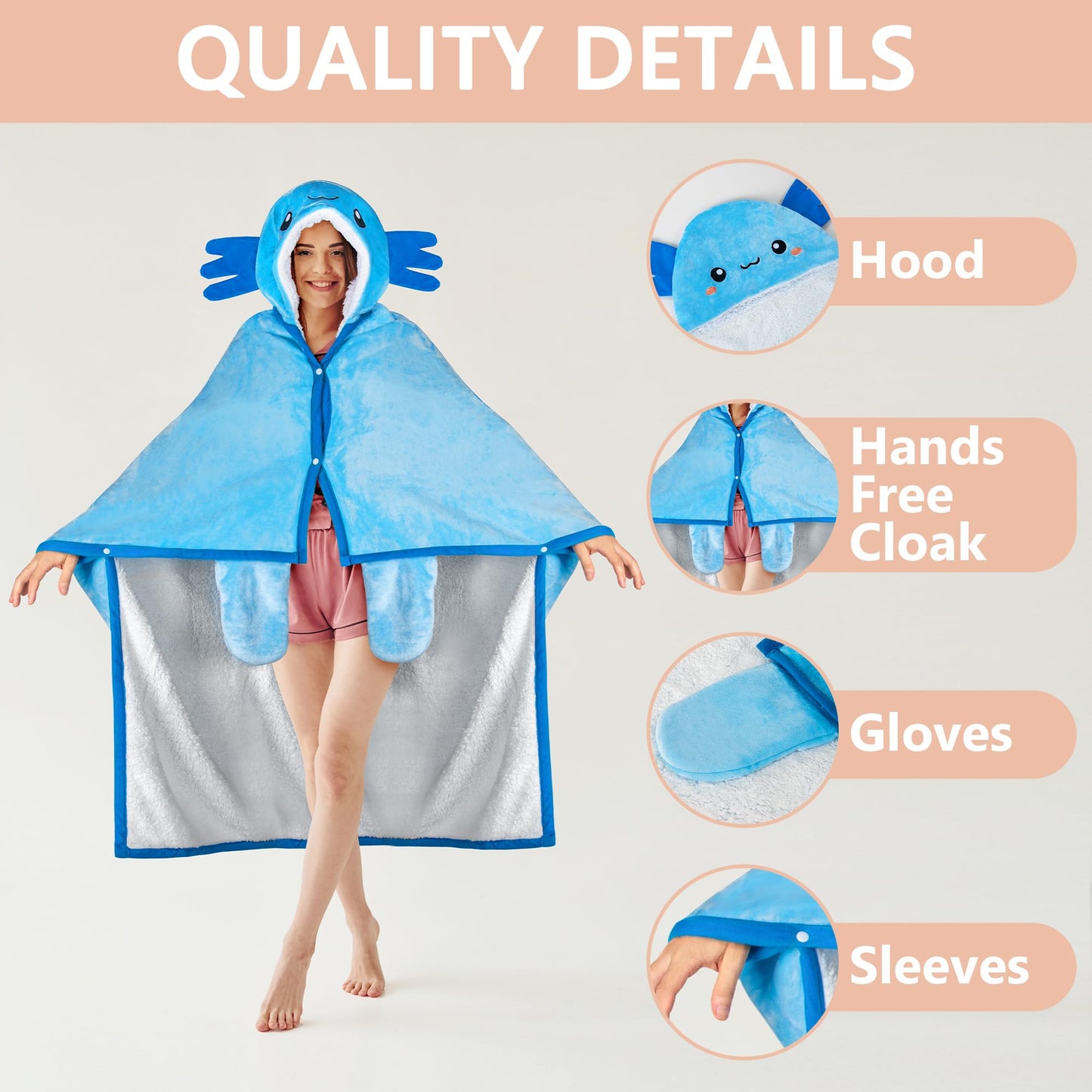 Axolotl Wearable Hooded Blanket for Adults - Super Soft Warm Cozy Plush Flannel Fleece & Sherpa Hoodie Throw Cloak Wrap - Axolotl Gifts for Women Adults and Kids