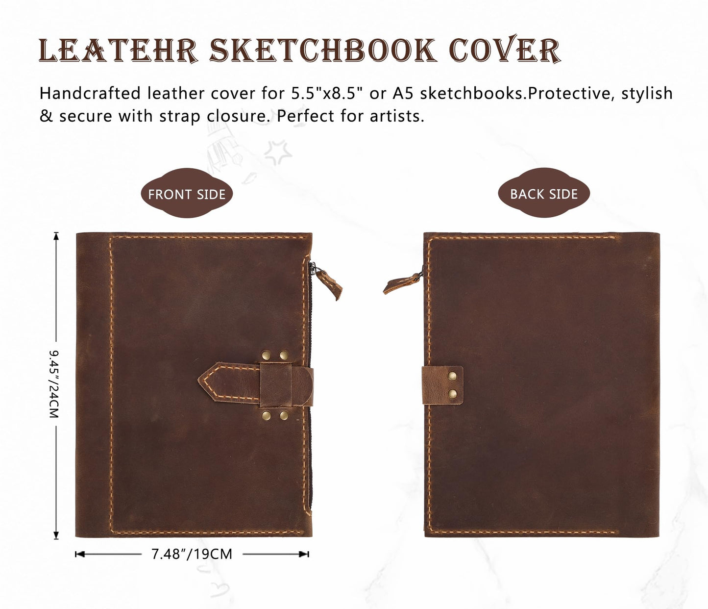 Fasjosma Leather Sketchbook Cover for A5/5.5"x8.5" sketch pads - Handmade Genuine Leather Artist Case with Pencil Holder & Zipper Pocket, Professional Drawing Supplies (Brown, 5.5"x8.5")