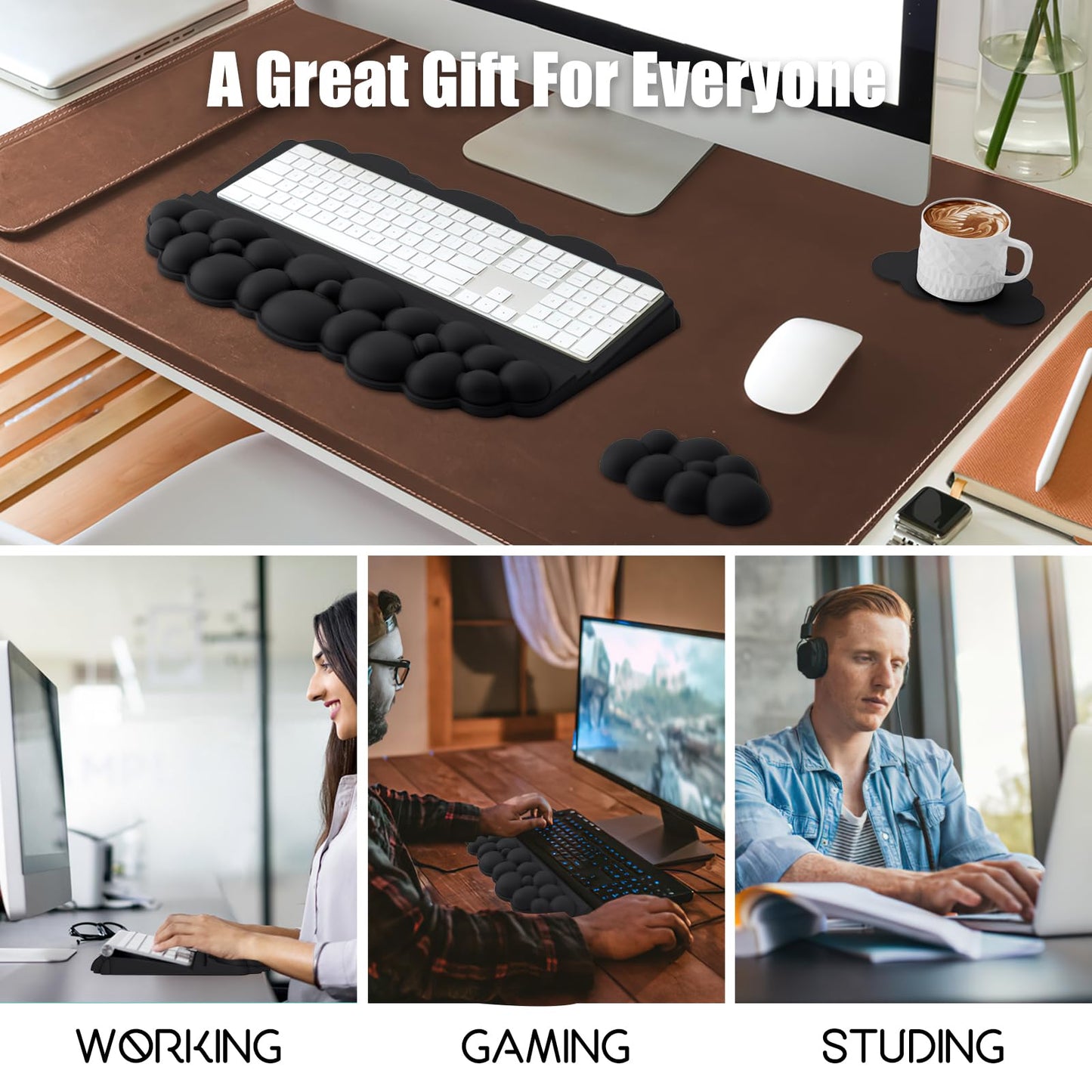 Ergonomic Wrist Rest for Keyboard and Mouse, Soft Memory Foam Cloud Keyboard Stand Pad with Wrist Rest Set with Non-Slip Silicone Base, Easy Typing, Pain Relief, Comfort for Office, Work, Gaming Black