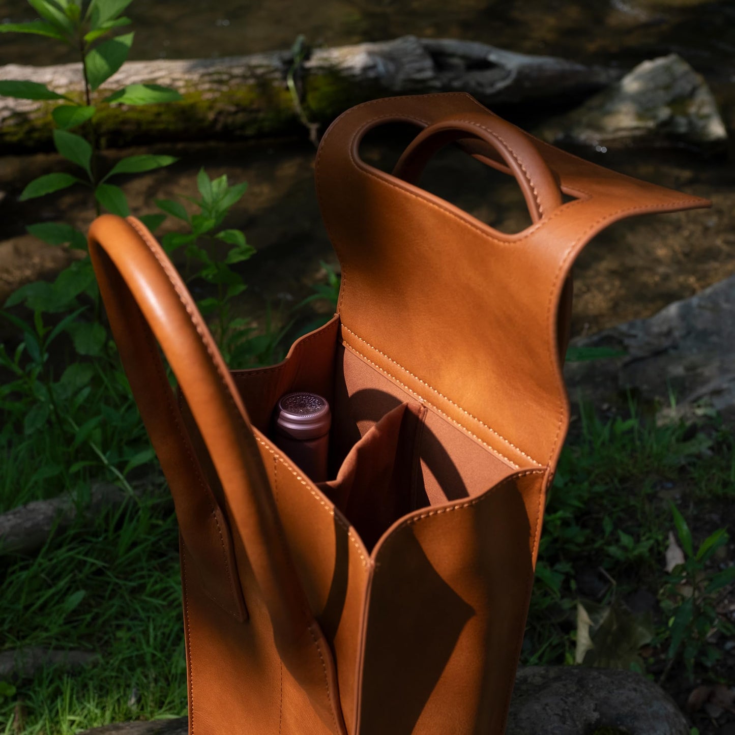 Wine Tote Carrier Bag | 2 Bottle - Vegan Leather, Soft Suede Interior Pouch with Divider - Great for Travel, BYOB, Wine Tastings, Parties, Gifts, Hygge