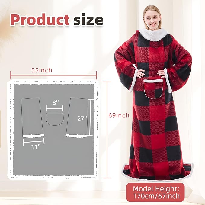 IFNOW Sherpa Wearable Blanket with Sleeves for Women Men Adults, Cozy Wearable Blanket with Arm and Pocket, Warm Full Body TV Wrap Throw blanket, Soft Robe Blanket as Gifts for Mom Wife, Plaid