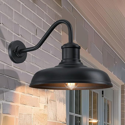 13.8'' Diameter Large Outdoor Gooseneck Barn Light 2 Packs, Outdoor Wall Sconce Farmhouse Exterior Light Wall Lighting Fixture Industrial Outside Lantern for Porch, Patio, Garage, Black (No Sensor)