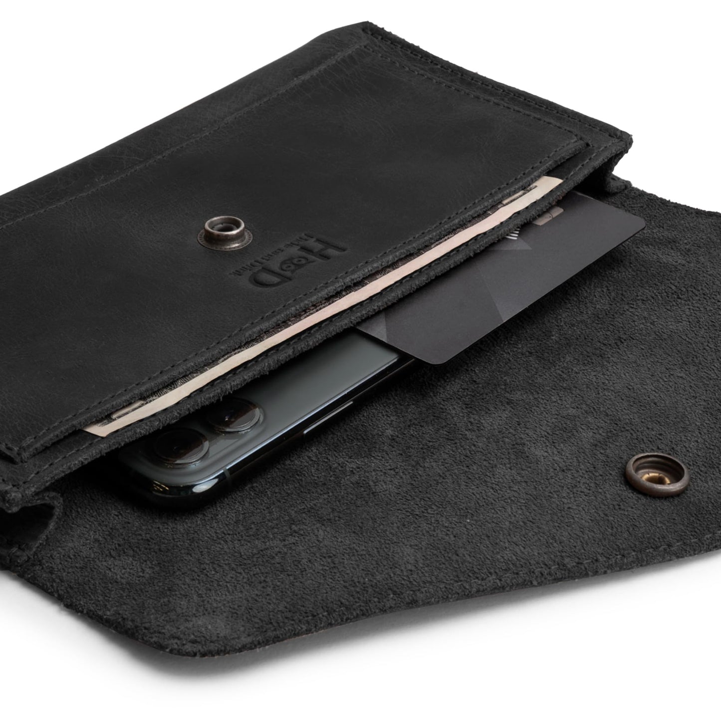 Hide & Drink, Full Grain Leather Large Female Wallet, Travel Organizer for Women, Vintage Money and Card Holder, Handmade, Charcoal Black