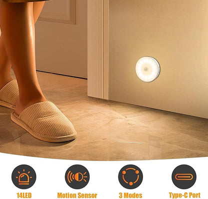 3 Pack Motion Sensor Light Indoor, Upgraded 14 LEDs Night Light USB Rechargeable, 3 Light Modes & Long Last Battery, Cordless Magnetic NightLight for Closet, Bedroom, Stairs - Warm White