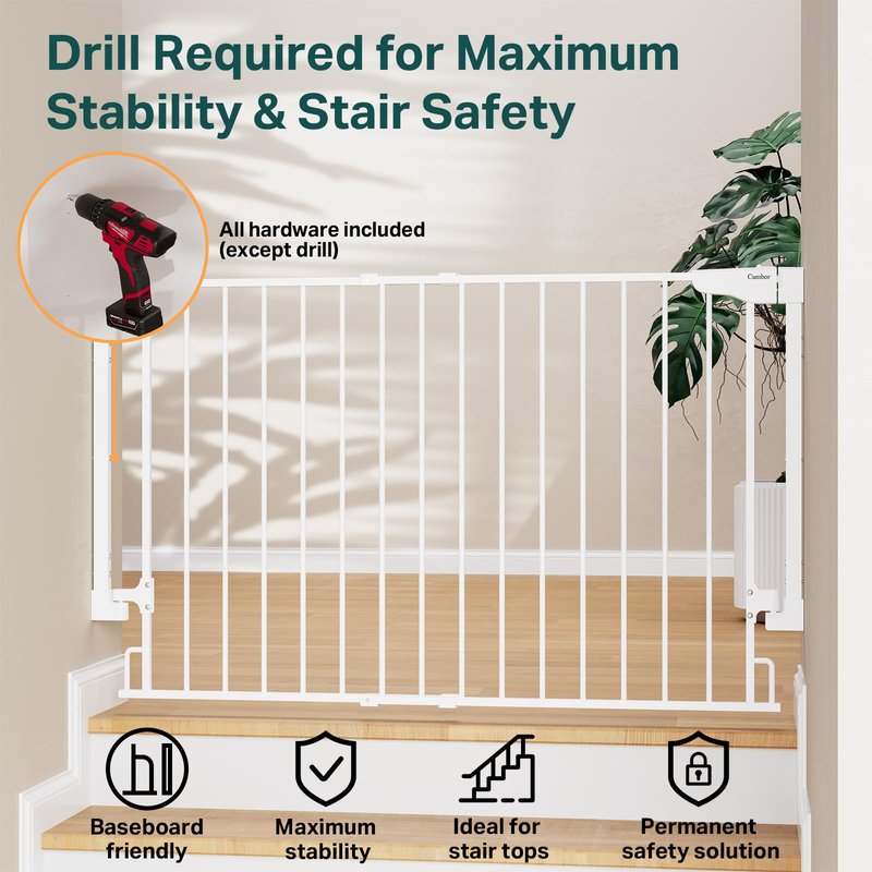 Cumbor Expandable 31.6-48" Baby Gate for Stairs, Hardware Mounted, 2-in-1 No Bottom Bar Dog Gate Indoor, Auto Close Pet Gate for Doorways with Large Walk Thru Door, Child-Proof Gate for Kids (White)