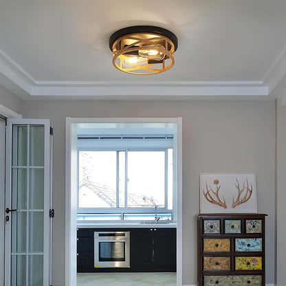 2 Pack Close to Ceiling Light Fixtures, 2-Light Indoor House Flush Mount Ceiling Light, 11 Inch Metal Cage Cross Wood Finish Farmhouse Ceiling Lights for Kitchen Hallway Bedroom