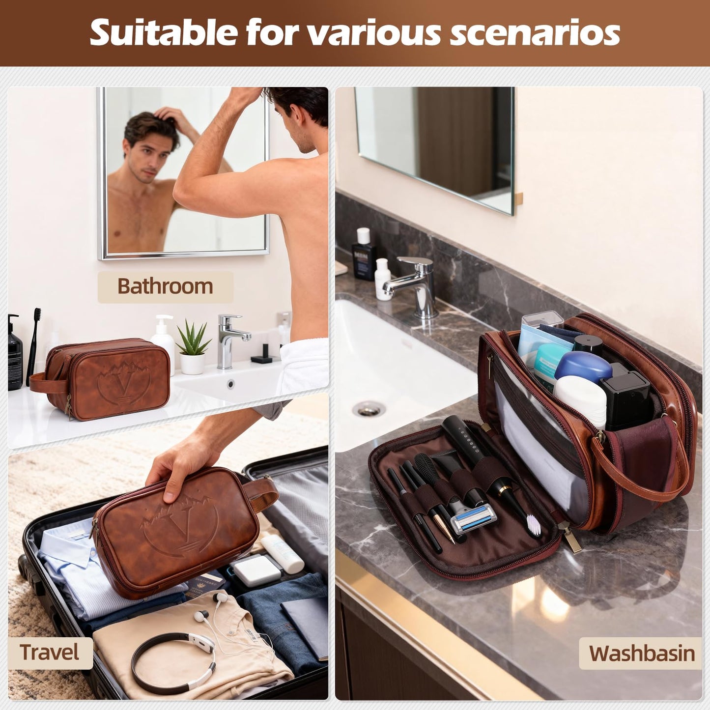 Ecttunafe Engraved Father Day Gifts Toiletry Bag for Men Dad Husband, Custom Initial PU Leather Waterproof Toiletry Organizer Dop Kit Shaving Bag Travel Essentials, Large, Durable, Brown,V