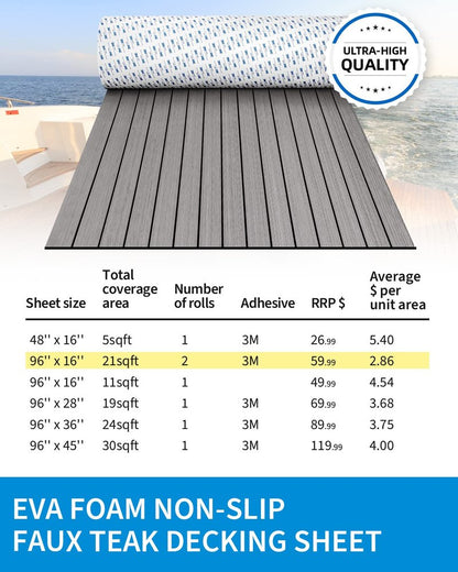 OCEANBROAD Self-Adhesive 48''x16.8'' Boat Flooring with 3M Adhesive Backing EVA Foam Boat Decking Faux Teak Marine Non-Slip Sheet for Jon Motor Boats Yacht Helm Pad Floor, Gray with Black Seam Lines