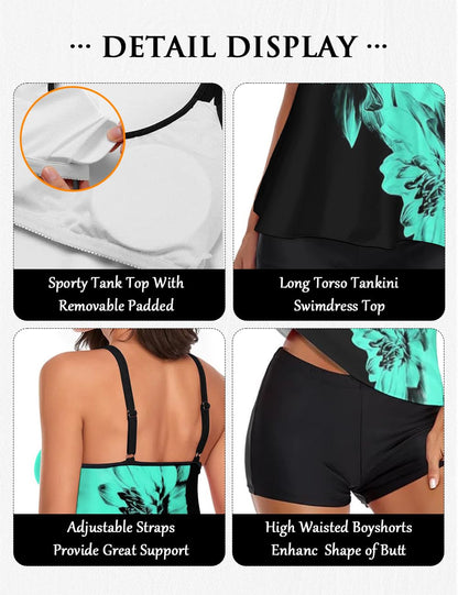 Stylish Swim Suits for Women Slimming Tankini Set Adjustable Straps 2 Piece Swimwear Tropical Hawaii Beach Pool Party Photoshoot Flattering Hides Belly Perfect for Vacation Black Blue Flower XL