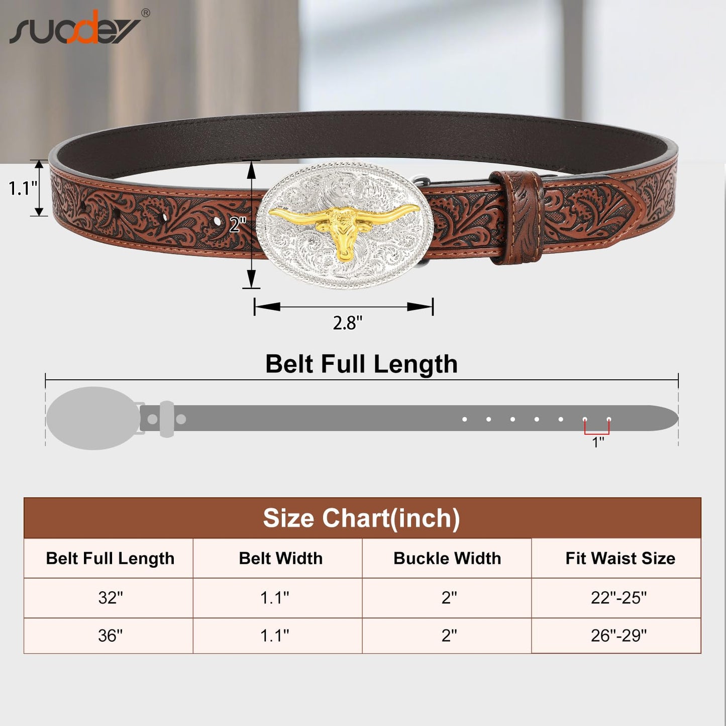 SUOSDEY Kids Western Belt for Boys Girls,Toddler Youth Cowboy Cowgirl Genuine Leather Belt with Longhorn Bull Buckle