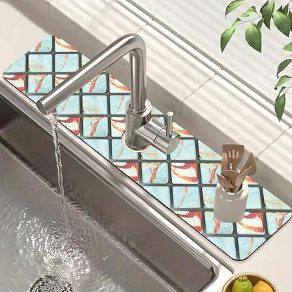 Rendering Marble Kitchen Sink Splash Guard Faucet Mat Blue Wall Tiles Super