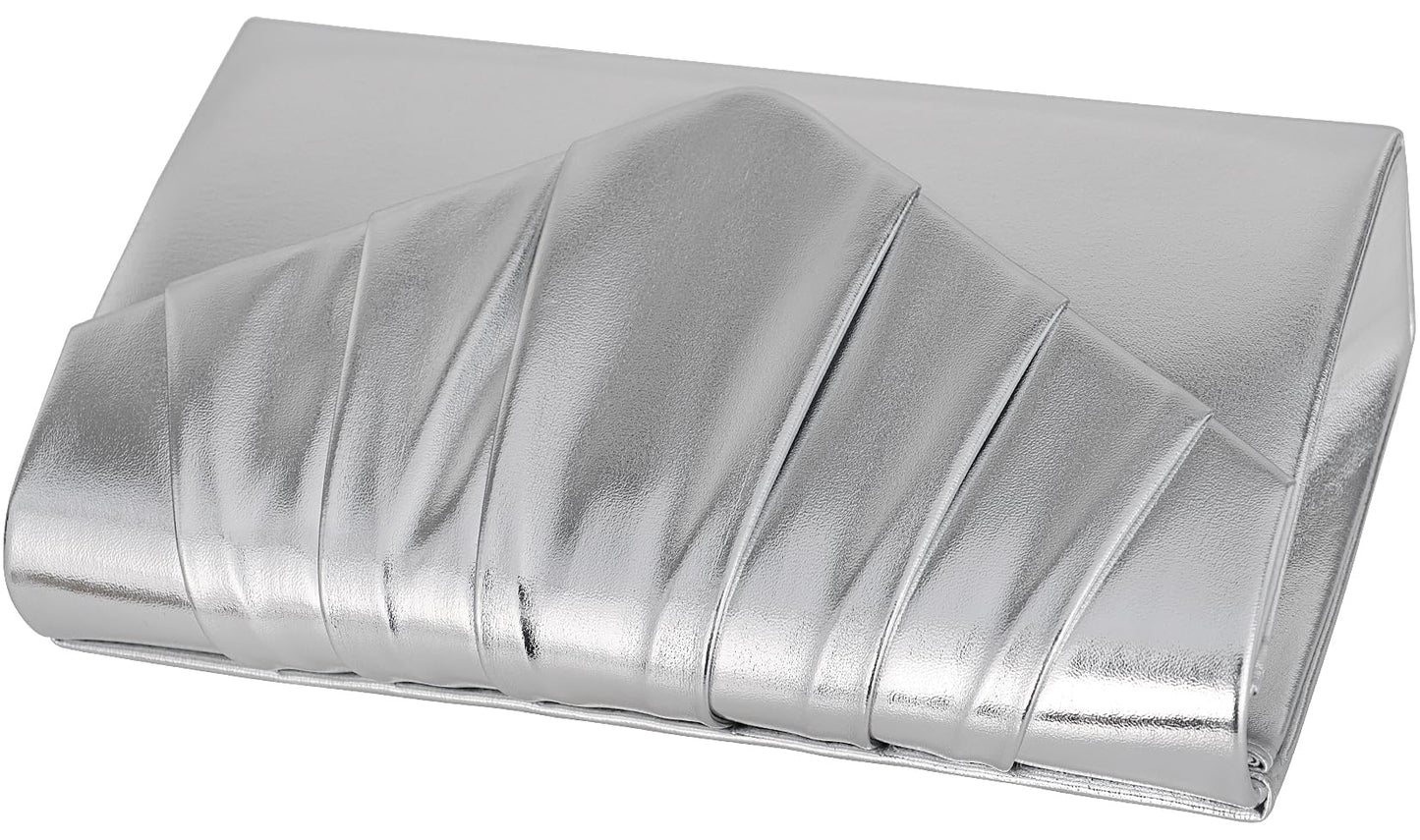 Venoline Women Evening Clutch Purse - Shimmering Metallic PU Leather Pleated Flap Envelope Handbag for Wedding Prom Party Silver