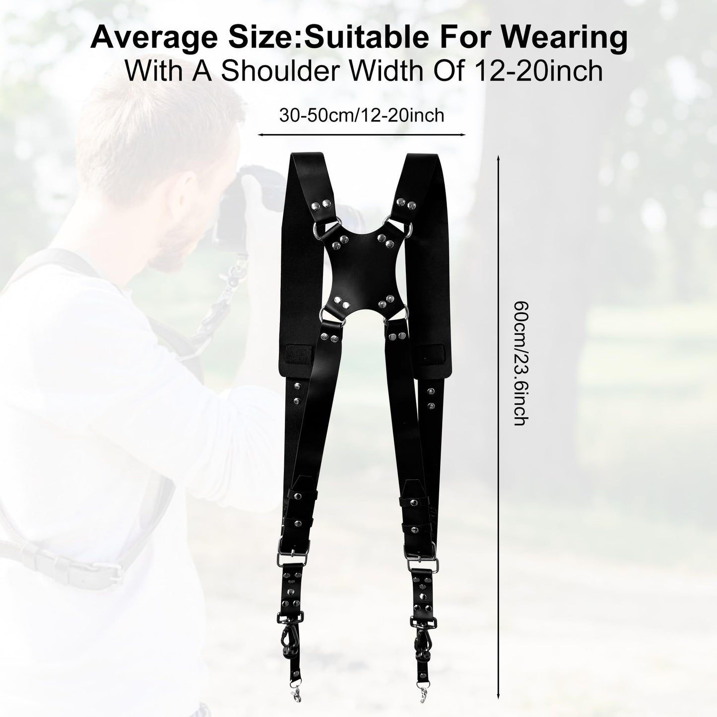 Yunzuiyue Double Camera Strap, Shoulder Camera Strap Harness Leather Dual Camera Strap for Two DSLR/SLR Cameras, Adjustable (Black