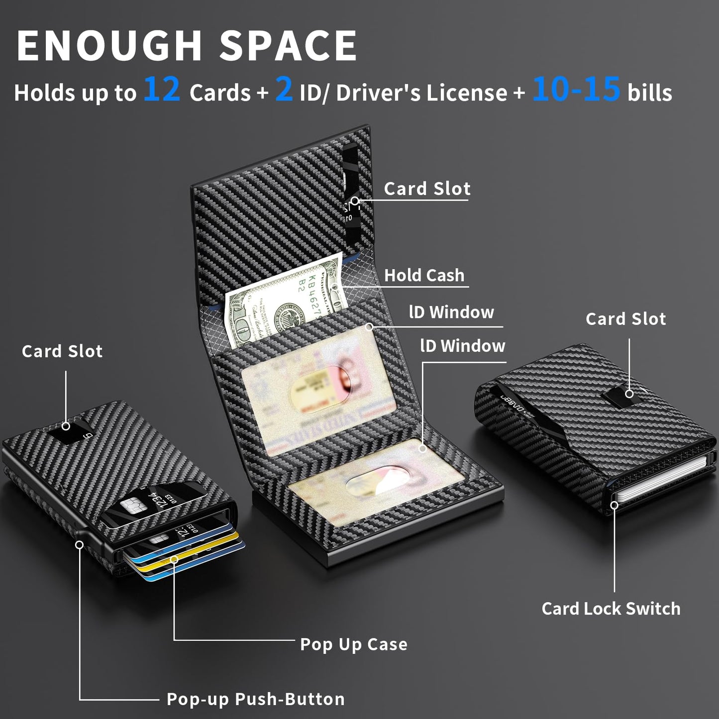 KISUEDZP Men’s Wallet with RFID Blocking | Tri-Fold Front Pocket Design | 12 Card Slots, 2 ID Windows & Cash Slot | Aluminum Card Ejector | Durable & Lightweight Men’s Accessories (Carbon)