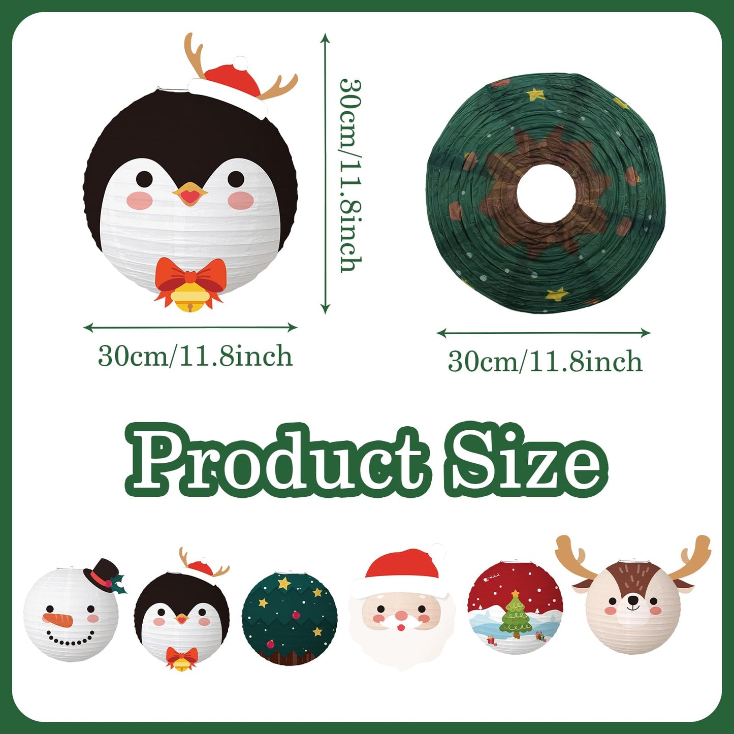 6 Pcs Christmas Hanging Paper Lanterns, 12 Inches Reindeer Santa Snowman Christmas Tree Round Hanging Paper Lanterns for Xmas Home Decoration Supplies Props Holiday Decor