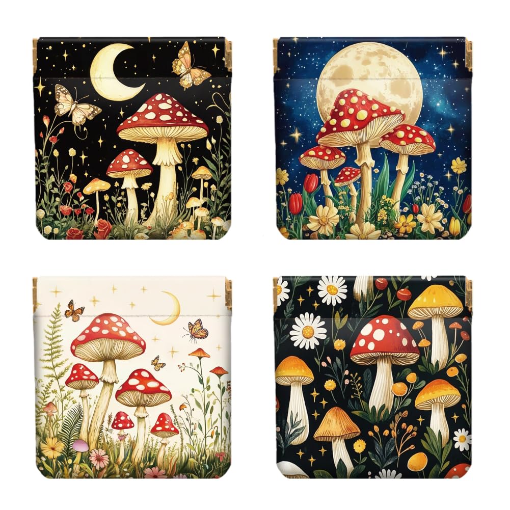 Peacoblue 4Pcs Small Leather Squeeze Coin Purse for Women-Night Sky And Mushrooms Pattern Waterproof & Durable Snap Closure Change Pouch Mini Money Wallet Bag for Adult Teen Girls Best Gift