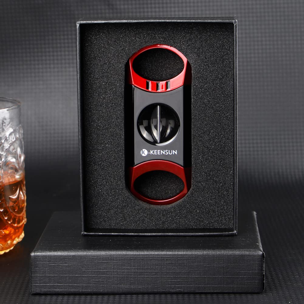 KEENSUN Zinc Alloy V-Cut Cigar Cutter (Red and Black), 60 Ring Gauge, 420J2 Stainless Steel V-Cut Blade & Cigar Holder (2 in 1) in Gift Box