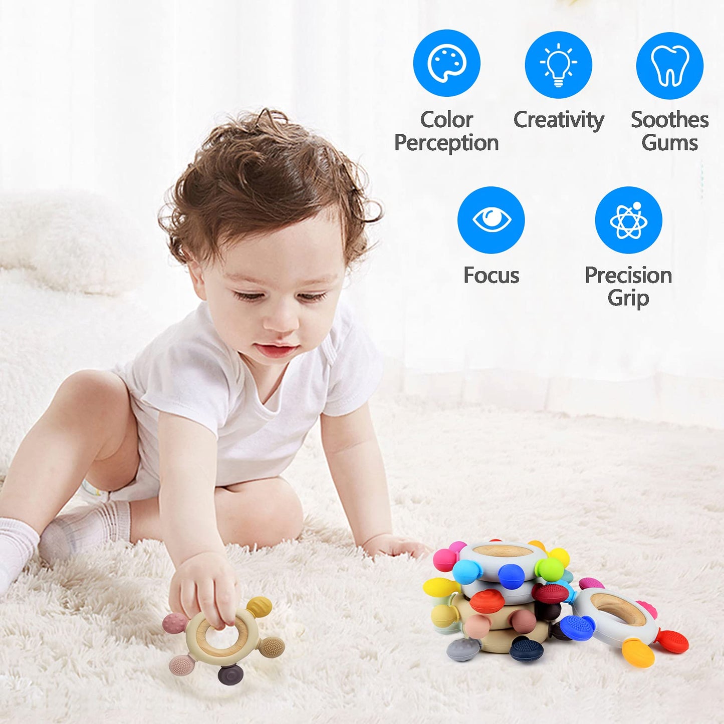 Arudyo Baby Teething Toys Silicone Teethers BPA Free Silicone Rudder with Wooden Ring Soothe Babies Gums (Khaki)