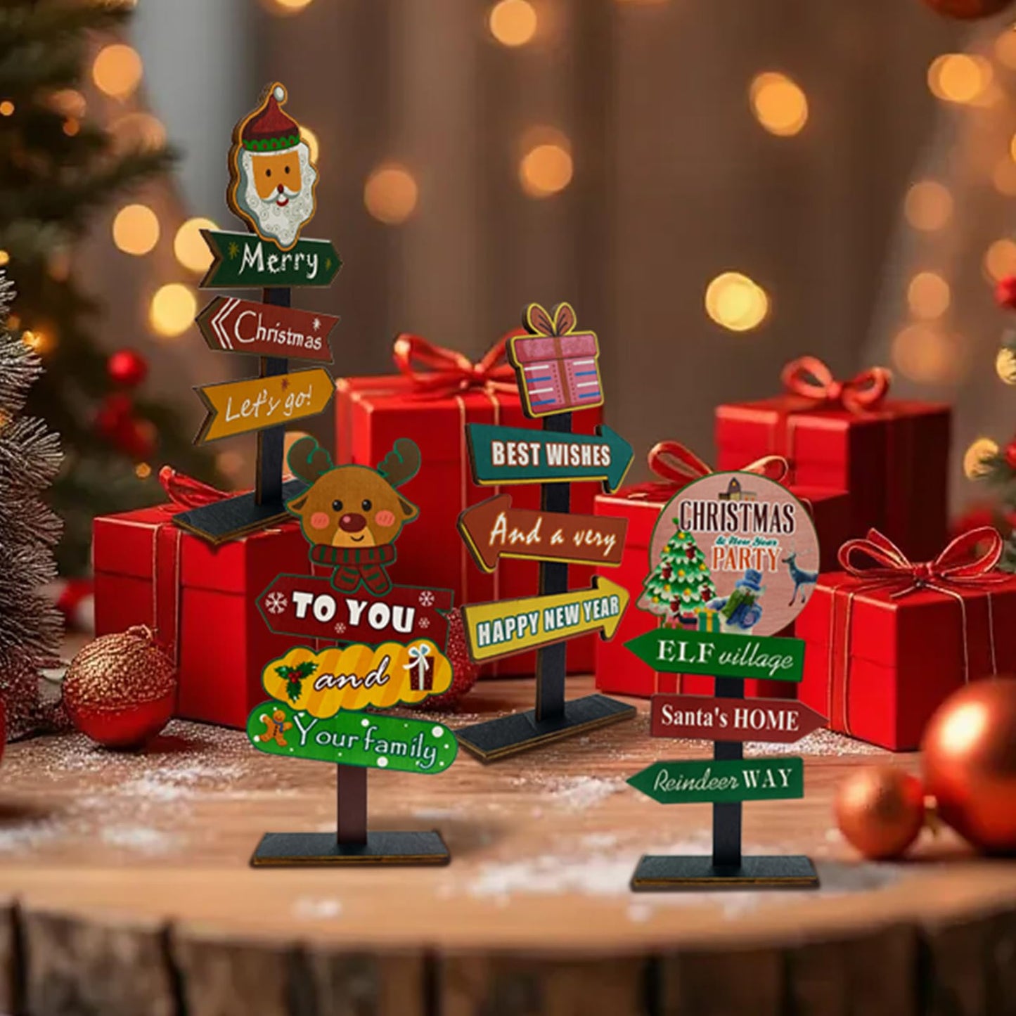 YvSuZeBuDa Christmas Table Decorations, 4 Piece Wooden Rectangular Sign Boards, Rustic Farmhouse Style, Polychrome, 8.86 x 4.72 Inches, Wall Mount with Twine, Cozy Theme