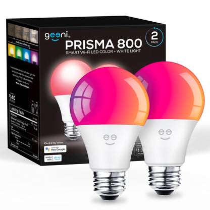 Geeni Prisma Smart Light Bulbs 2-Pack, Color Changing RGBW LED, A19, 800 Lumens, 60W Equivalent, Dimmable, 2700K, Works with Alexa & Google Home
