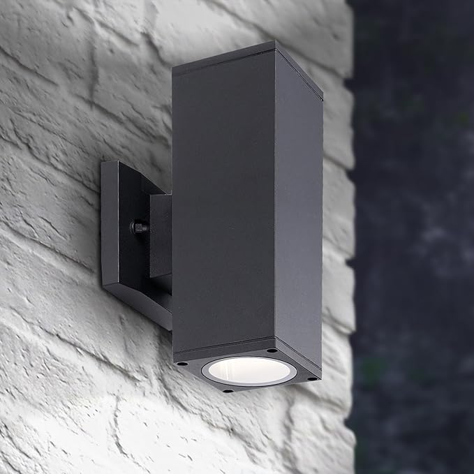 ASD 2 Light Square Outdoor Wall Light Fixture | 120W E26 Socket 120V ETL Cylinder Up Down Lights | LED/CFL/Incandescent Bulb Exterior Wall Sconce | Front Door, Porch, Patio Lighting | Black
