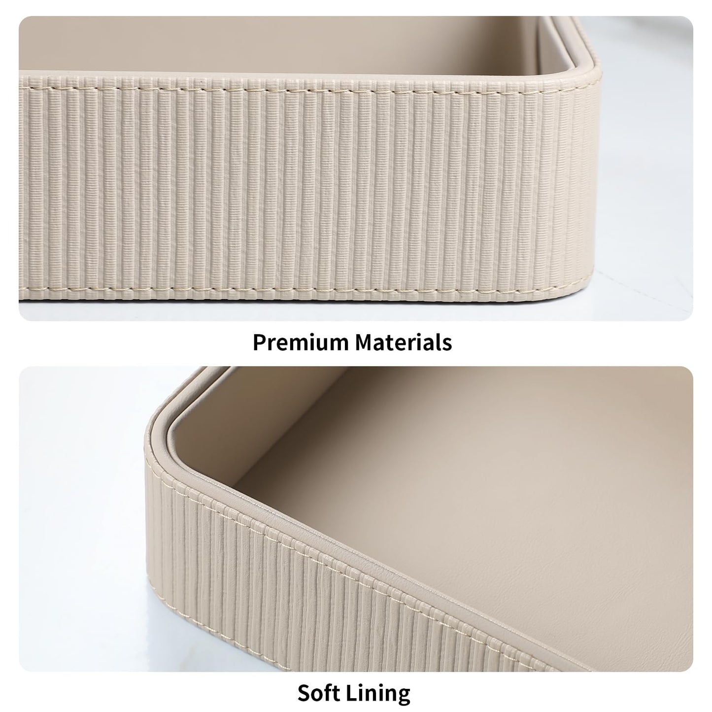 Cretkhp PU Leather Valet Tray Organizer, Modern Nightstand Organizer Bedside Desktop Storage for Womens and Men, Decorative Perfume Trinket Catchall Vanity Tray for Key Watch Wallet (Beige)