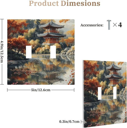 Decorative Art Light Switch Covers Lake & Pagoda in Fall 2 Gang Double Toggle Wall Plate Decorative Switchcover Electrical Switchplate for Home Decor