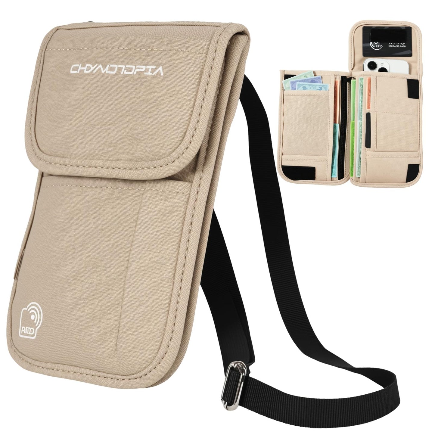 Neck Wallet & RFID Blocking Passport Holder for Travel – Waterproof Hidden Travel Wallet with Card Slots, Adjustable Strap, Portable Document Organizer for Men, Women (Gift) Khaki