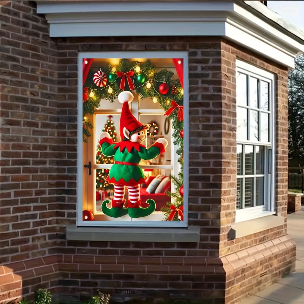 Tomhong Christmas Elf Window Banner 31x47 Inch Holiday Decoration Snowy Scene with Garland and Lights for Indoor Outdoor Home Wall or Window Display Cozy Christmas Decor