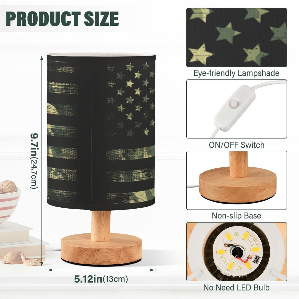 YETTASBIN Camo American Flag Bedside Table Lamp, Small LED Desk Light USB Nightstand Lamp with Non Slip Wood Base & Eye-Friendily Lampshade for Living Room Bedroom Dorm Home Office Desk Decor