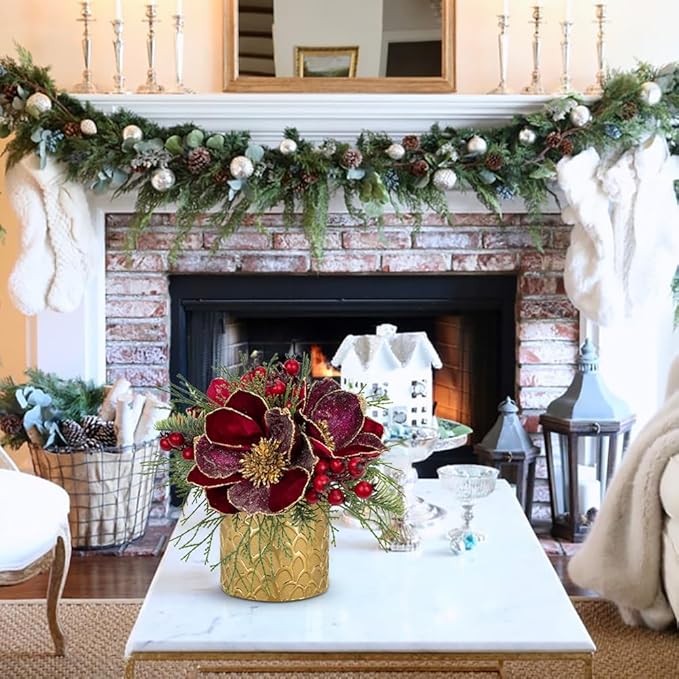 12 inch Red Christmas Table Centerpiece 5" Glitter Magnolia Flower and Red Berries Fir Greenery Artificial Christmas Floral Centerpiece in Golden Ceramic Pot Christmas Tabletop Arrangement Decor