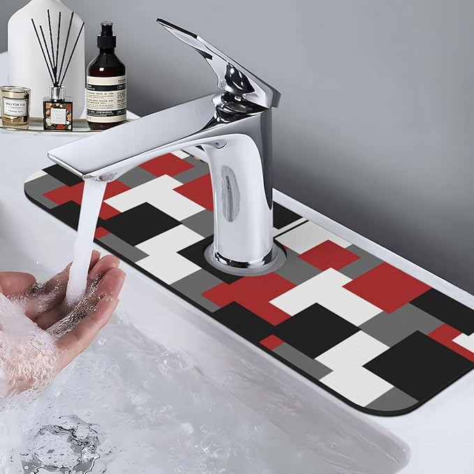 Grey Black White Plaid Square Red 15" X 5.5" Kitchen Sink Splash Guard Faucet