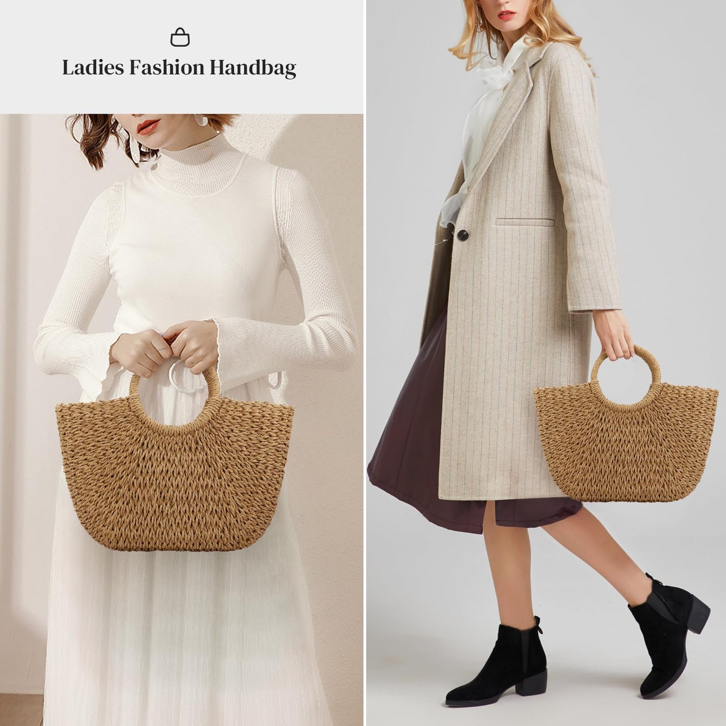 Women Summer Beach Bag, Straw Handbag Top Handle Big Capacity Travel Tote Purse Hand Woven Straw Large Hobo Bag (Brown)