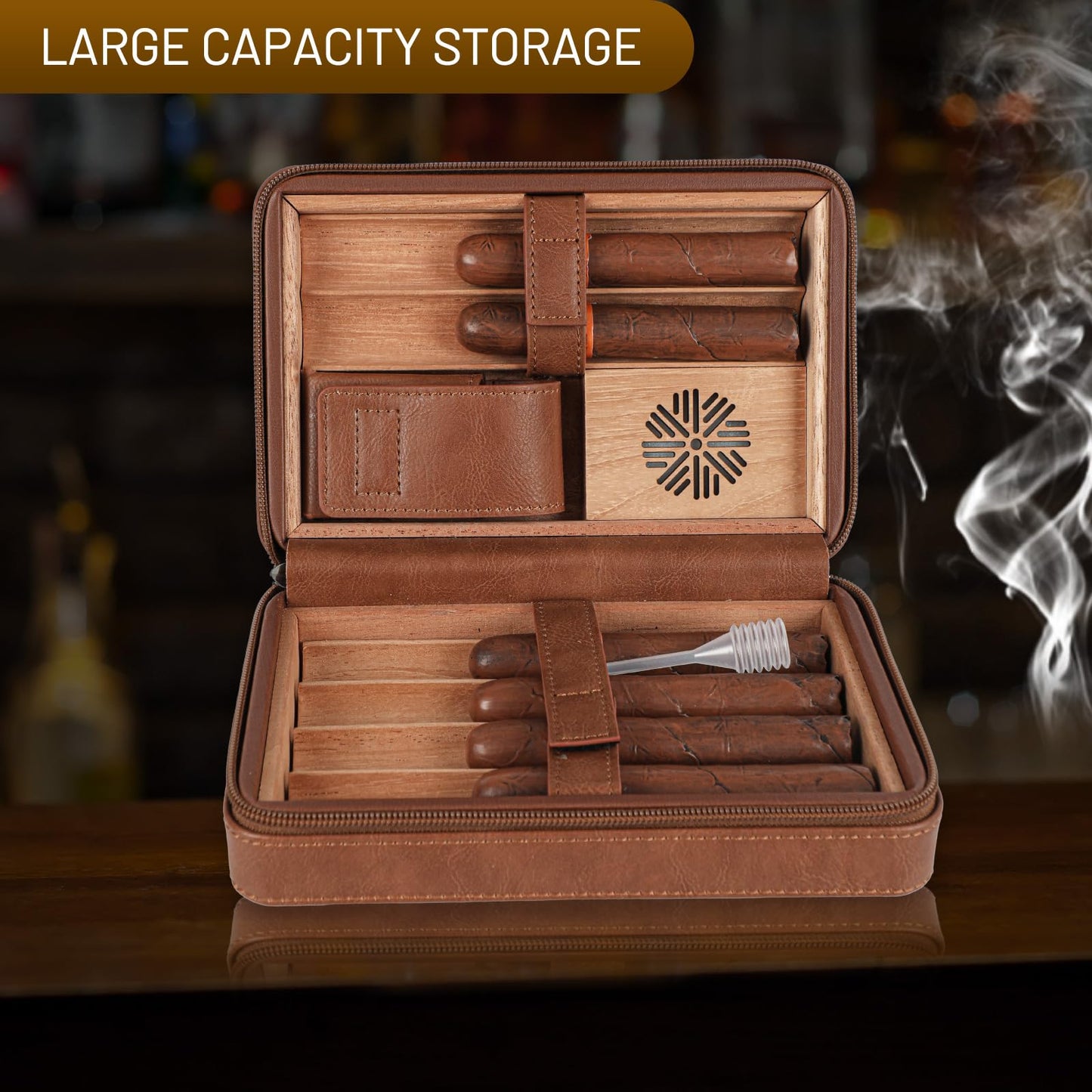 Holds 6 -Cigar Portable Brown Leather Cigar Case with Spanish Cedar Wood Interior and Card Storage Travel Cigar Humidor with Cutter ，Humidifier， Perfect for Business Trips Birthday Gifts Father's Day