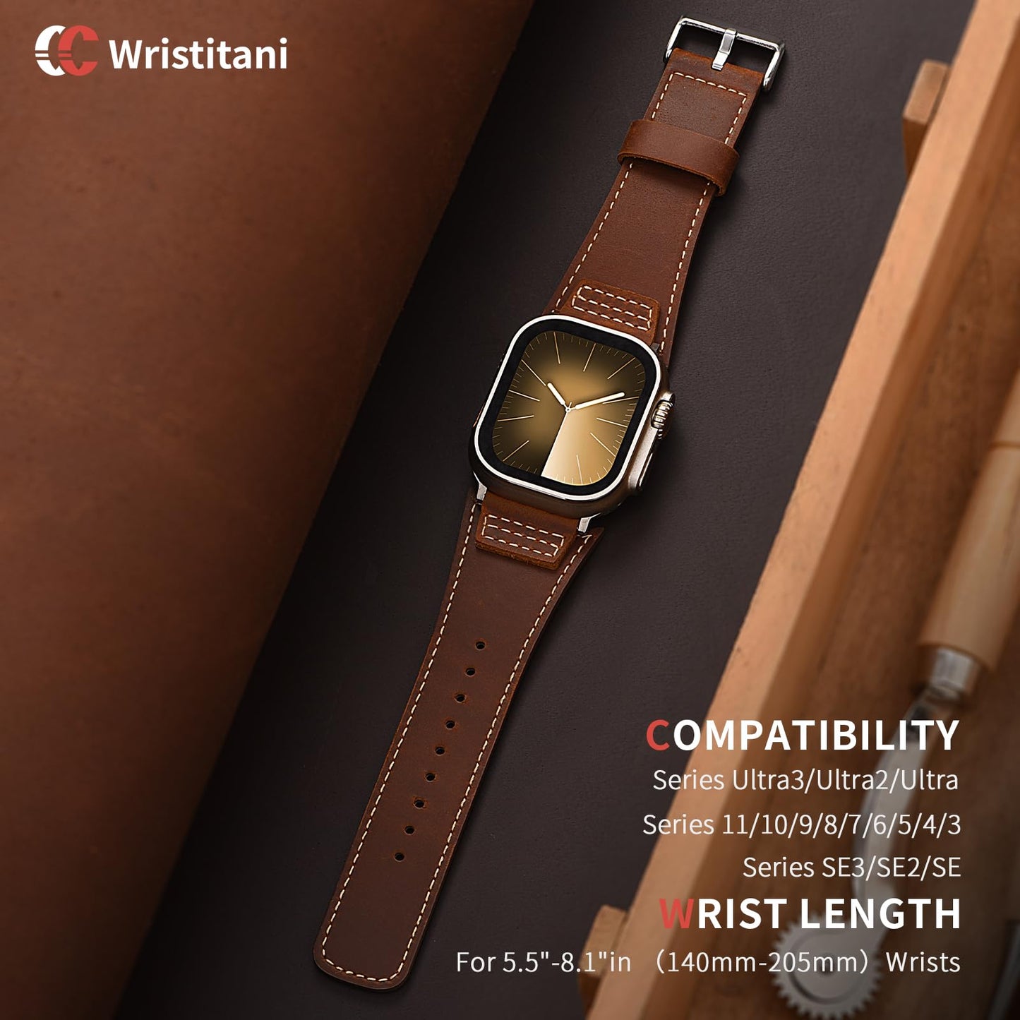 Wristitani Leather Bands Compatible With Apple Watch Band 42mm 41mm 40mm 38mm for Men, Top Grain Genuine Leather Replacement Strap for iWatch SE3/2/1 Series 11 10 9 8 7 6 5 4 3