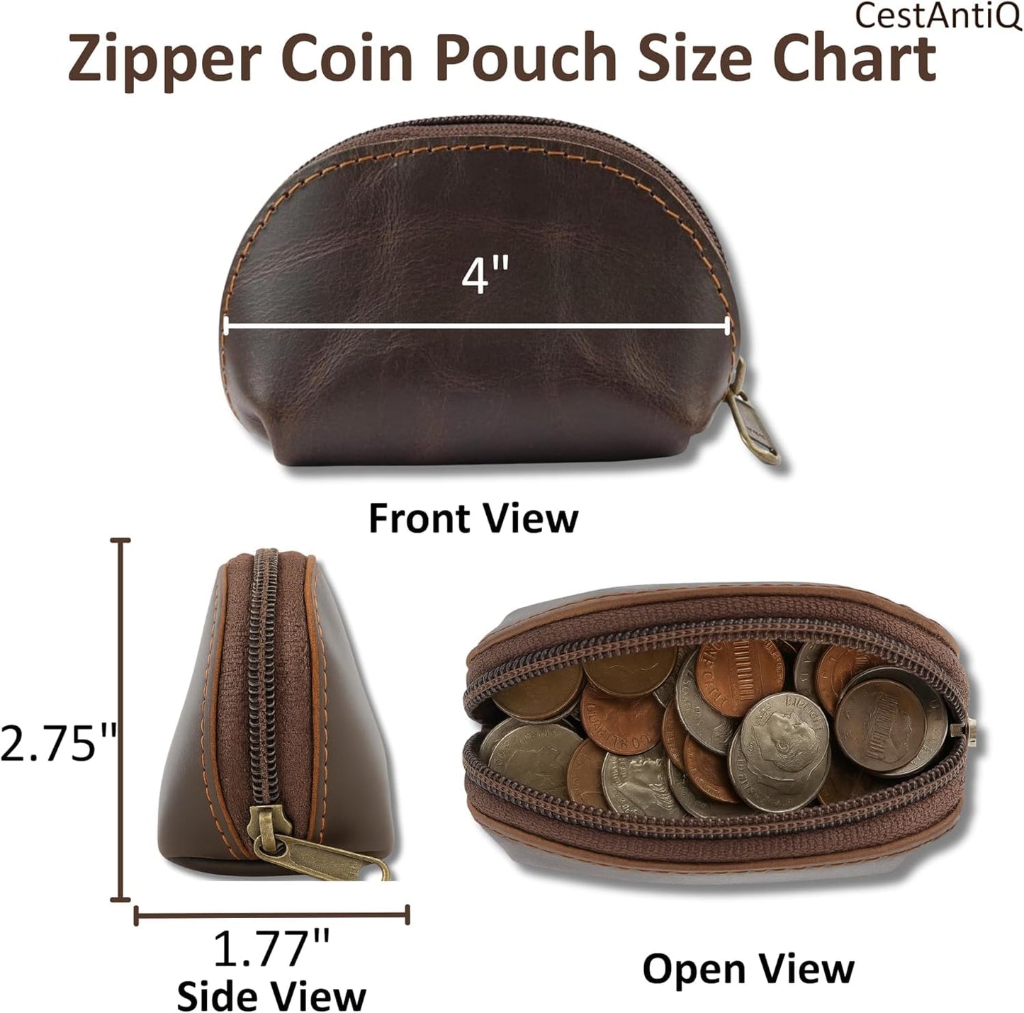 CestAntiQ, Leather Moon Pocket Coin Case, Mini Squeeze Coin Purse Pouch for Change, Dark Brown Leather Coin Holder Tray, Compact Wallet for Men & Women, Stylish & Durable, Elegant Coin Purse