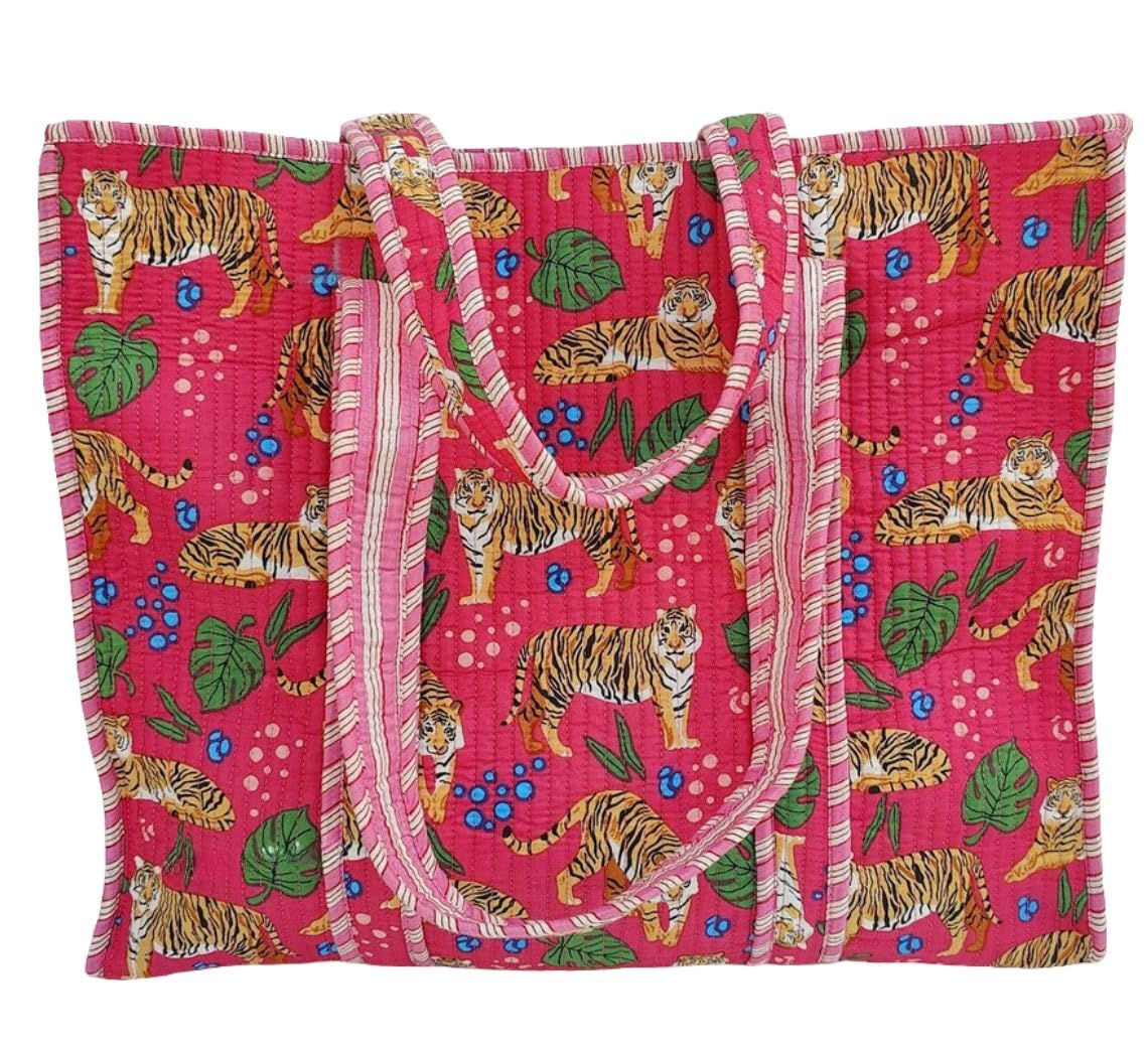 LKGSM RUGS Cotton Tiger Block Print Tote Bag, Indian Handmade Shopping Shoulder Bag, Unisex Market Daily Use (1, DN 15)