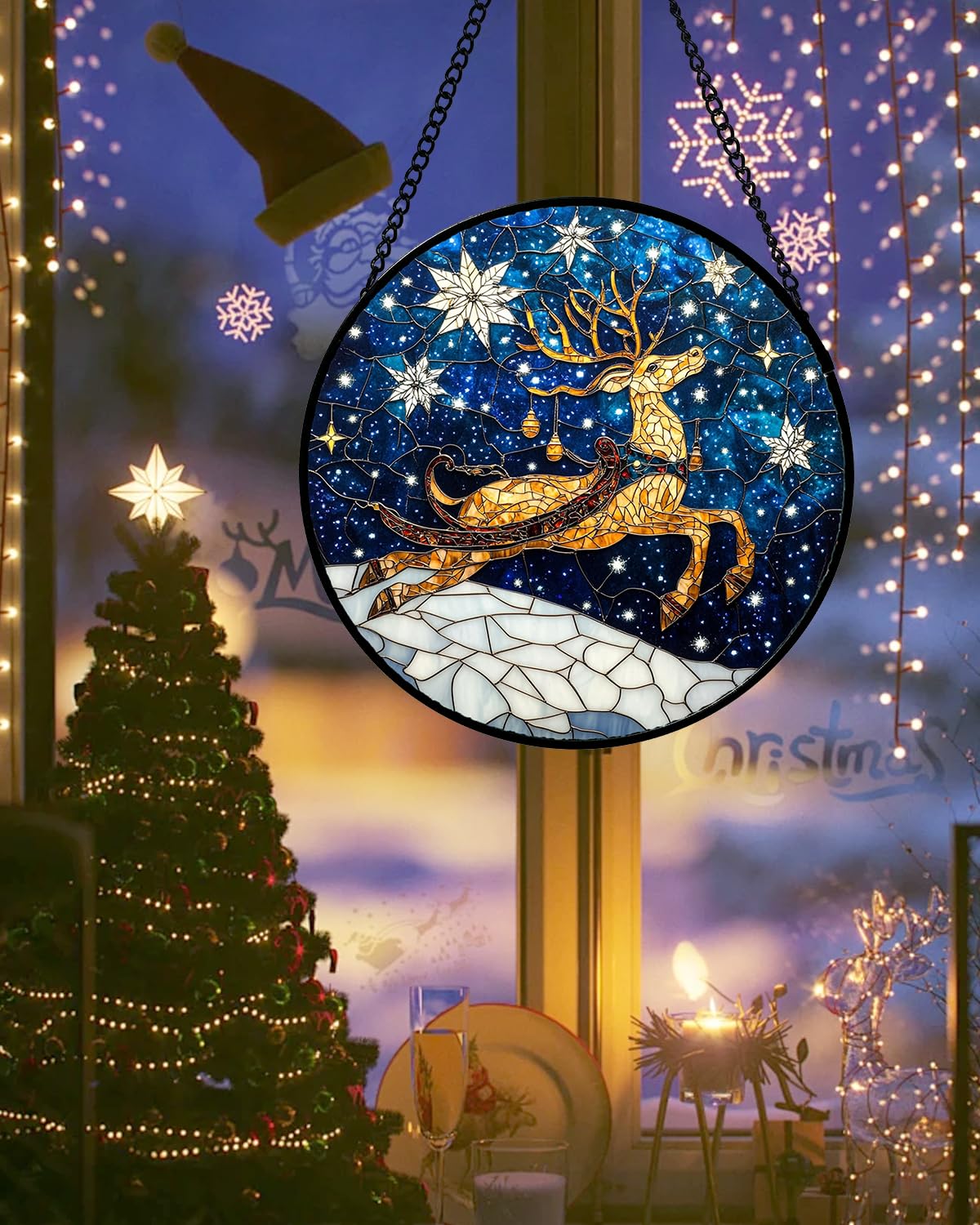 HWRHTR Stained Glass Window Hanging - Reindeer Blue Starry Sky Suncatcher for Doors Home Christmas Decoration Winter Sun Catcher Thanksgiving New Year Birthday Gifts for Women Men Mom Nana 6.3 in