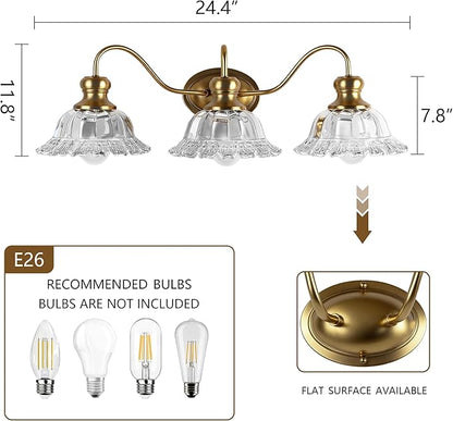 3-Lights Bathroom Vanity Light, Gold Vintage Bathroom Light Fixtures, Matte Antique Brass Finish with Crystal Glass Shade, Wall Sconces Lighting for Living Room, Bedroom, Hallway（E26 Base）