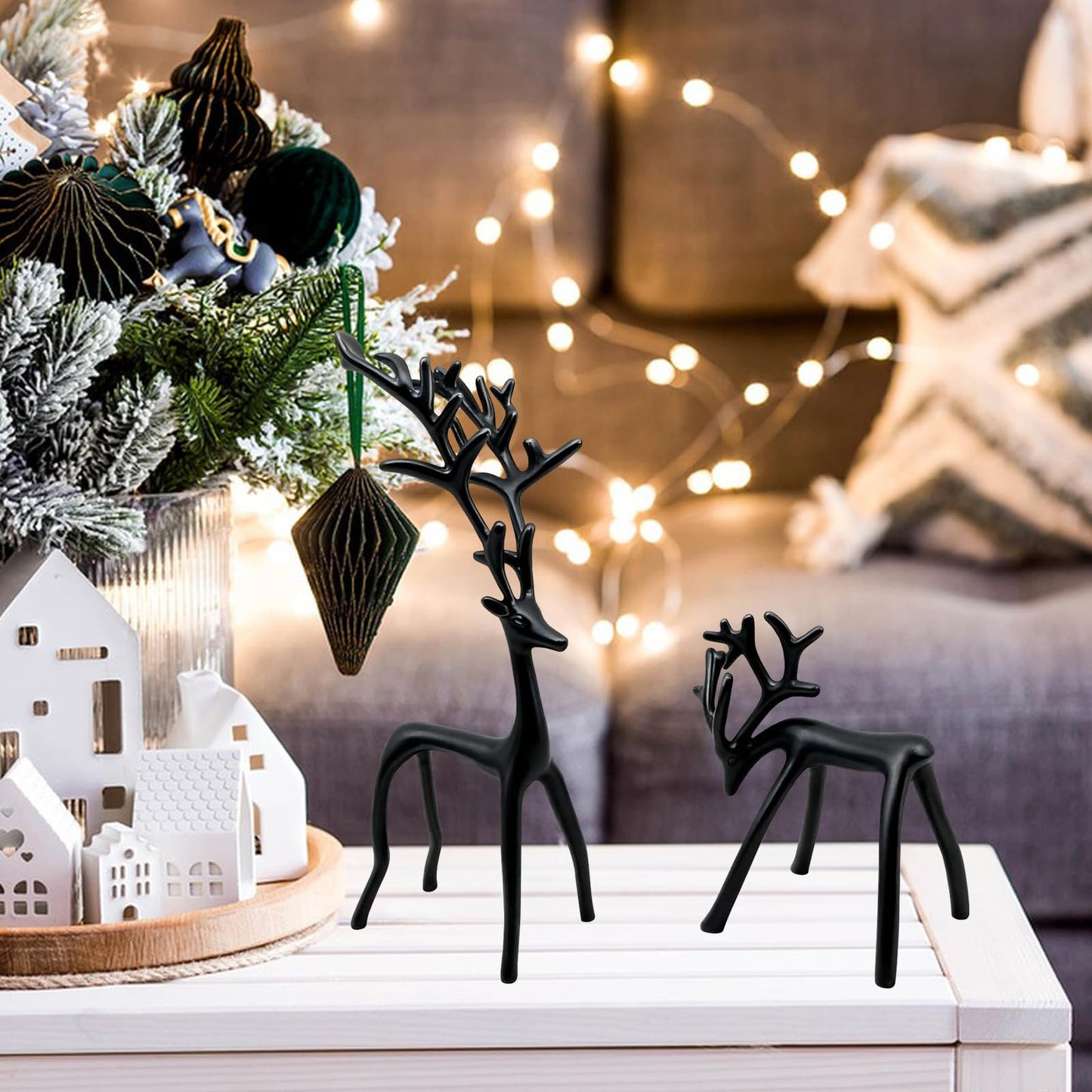 YUNLINGDADA Set of 2 Black Reindeer Christmas Decor, Christmas Decorations, Metal Reindeer Statues, Black Metal C-hristmas R-eindeer Figurine, Ideal for Mantel Living Room Bedroom Office