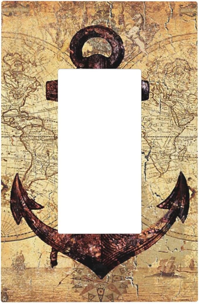Anchor Nautical Vintage Map Single Rocker Light Switch Covers 1 Gang Outlet Cover Wall Plate Decorative GFCI Switchplate Faceplate for Office Livingroom Home Decor