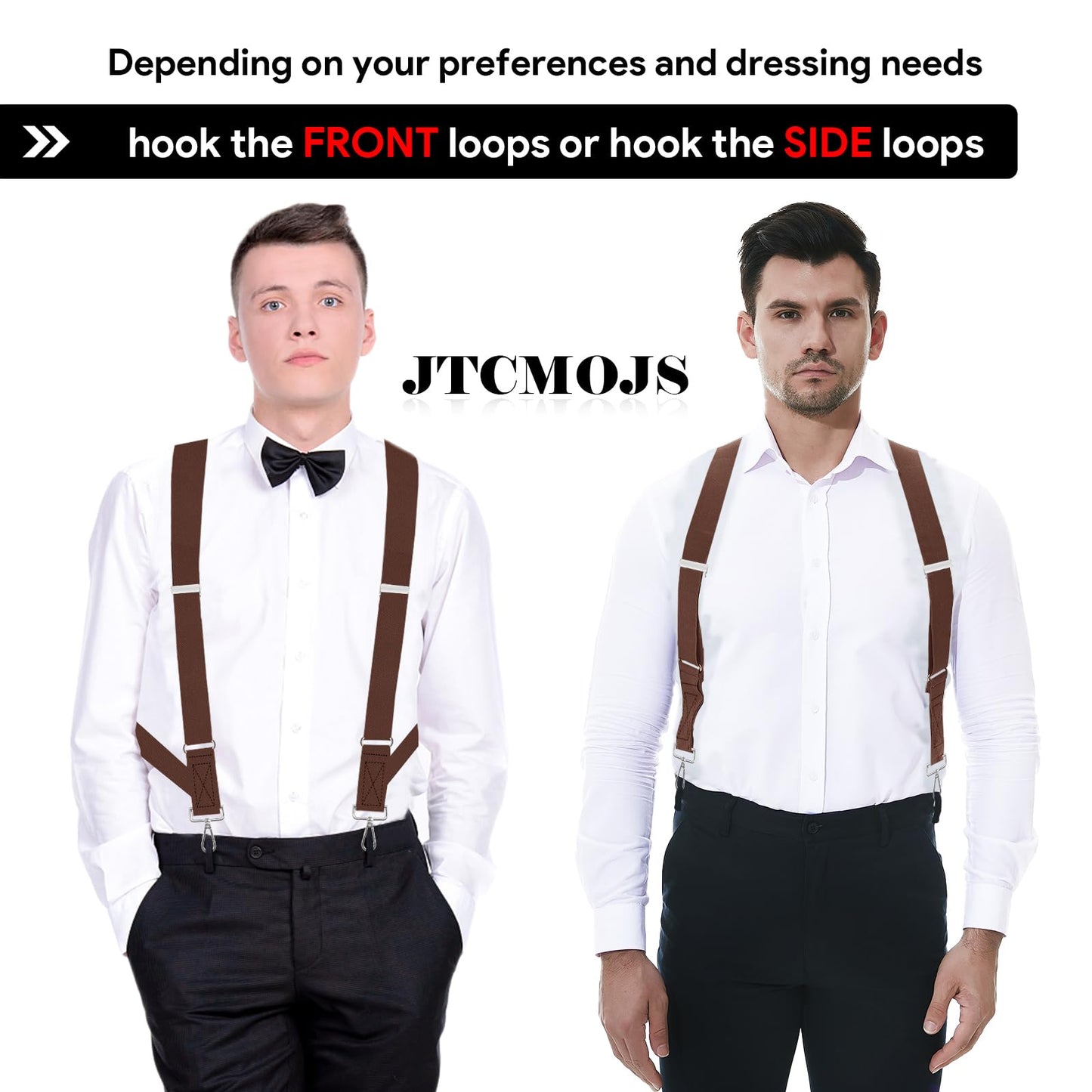 JTCMOJS Side Clip Suspenders for Men Heavy Duty X Back Braces Faux Leather Brown Suspenders for Men Big and Tall