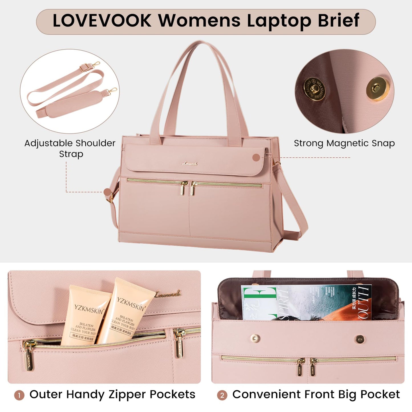LOVEVOOK Laptop Bag for Women 15.6 Inch Laptop Tote Work Professional Leather Computer Briefcase Waterproof Handbag Shoulder Large Capacity Business Teacher Office Bag Crossbody Purse,Pink