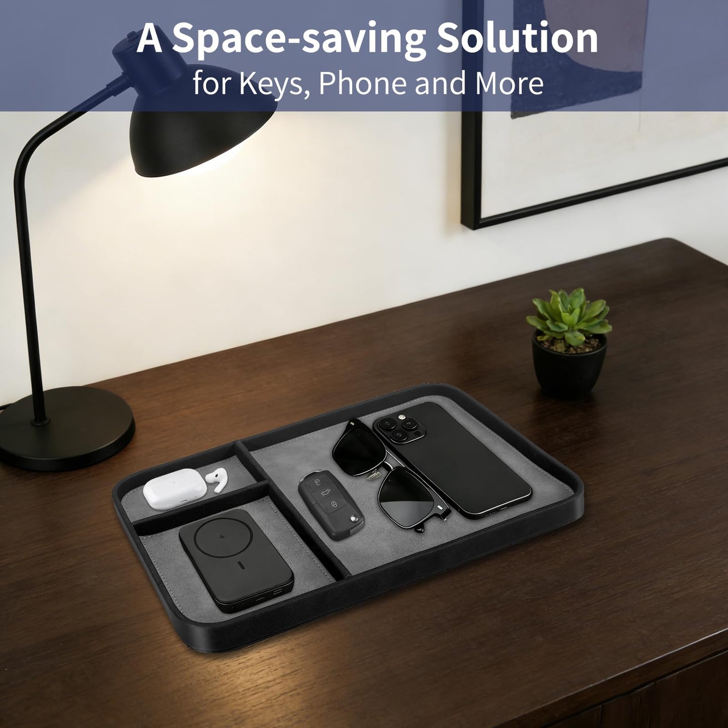 SITHON Valet Tray Trendy Organizer, Premium PU Leather Stylish and Organized Multifunctional Catchall Bedside Vanity Tray Nightstand Caddy Holder for Keys, Watch, Wallet, Jewelry and more (Black)