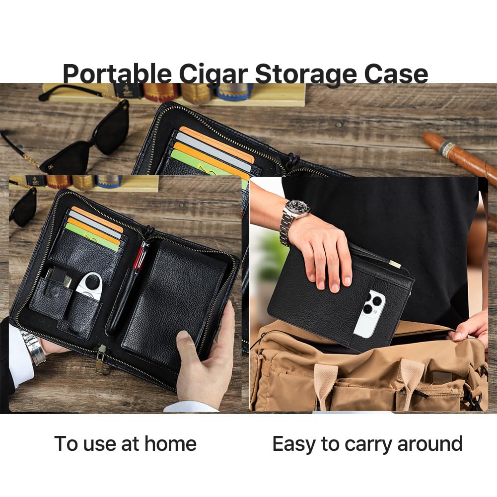 CONTACTS Full Grain Leather Cigar Case Travel Cigars Humidor Box Accessories Organizer with Cigar Cutter Lighter Pocket for 5 Pcs Cigars (Black)